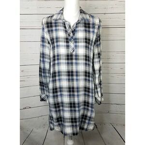 Cloth & Stone Blue Plaid Cotton Flannel Tunic Dress Sz XS Tab Sleeve